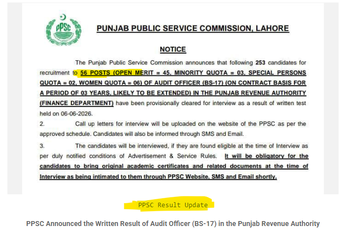 PPSC Announces Written Test Results for Audit Officer (BS-17) Positions